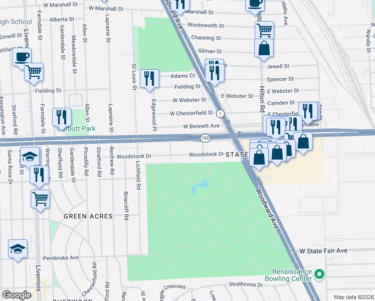 map of restaurants, bars, coffee shops, grocery stores, and more near 2548 Woodstock Drive in Highland Park