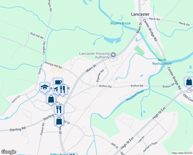 map of restaurants, bars, coffee shops, grocery stores, and more near 38 Bigelow Road in Lancaster
