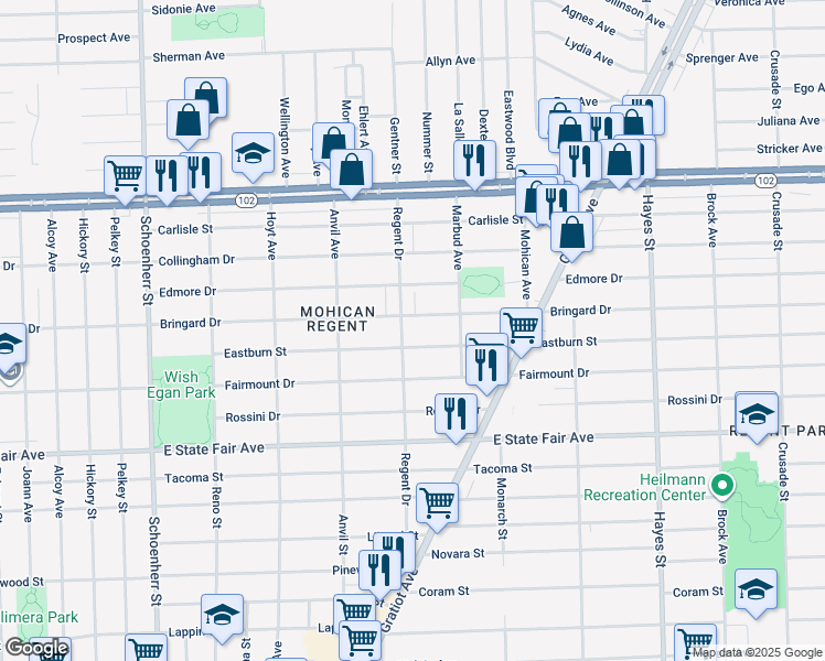 map of restaurants, bars, coffee shops, grocery stores, and more near 20130 Regent Drive in Detroit