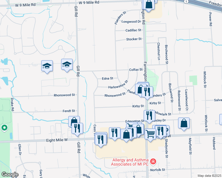 map of restaurants, bars, coffee shops, grocery stores, and more near 33995 Harlowshire Street in Farmington Hills