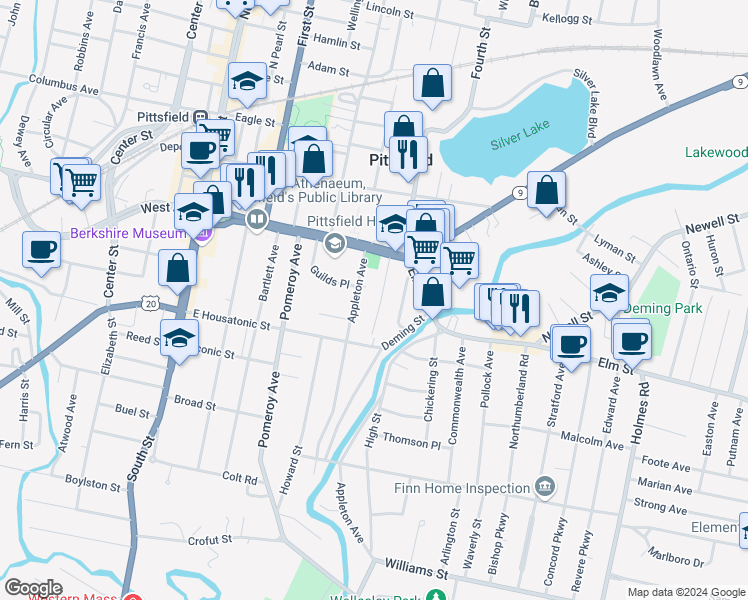 map of restaurants, bars, coffee shops, grocery stores, and more near 40 Copley Terrace in Pittsfield