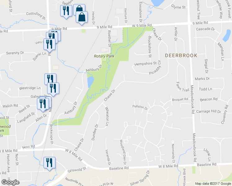 map of restaurants, bars, coffee shops, grocery stores, and more near 21452 Chase Drive in Novi
