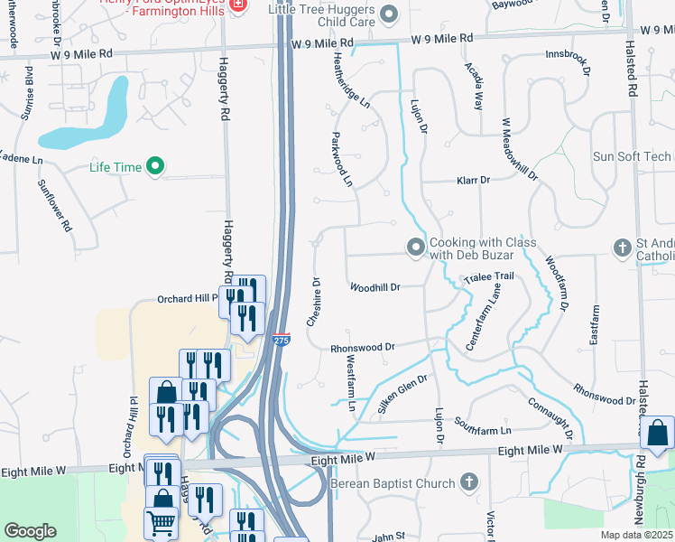 map of restaurants, bars, coffee shops, grocery stores, and more near 21325 Woodhill Drive in Northville