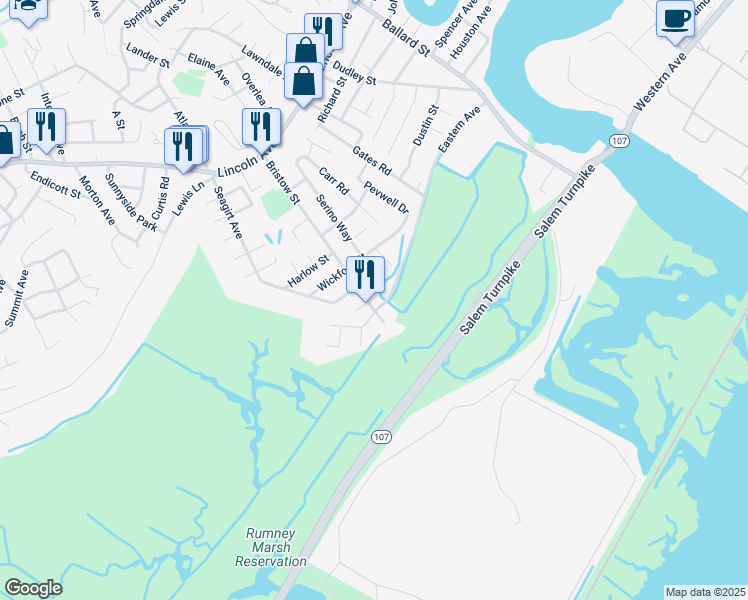 map of restaurants, bars, coffee shops, grocery stores, and more near 84 Bristow Street in Saugus