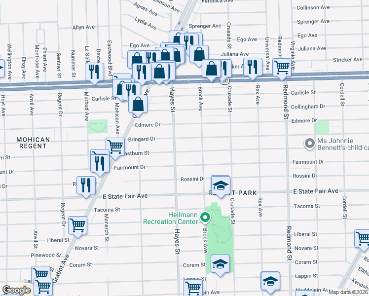 map of restaurants, bars, coffee shops, grocery stores, and more near 15231 Eastburn Street in Detroit