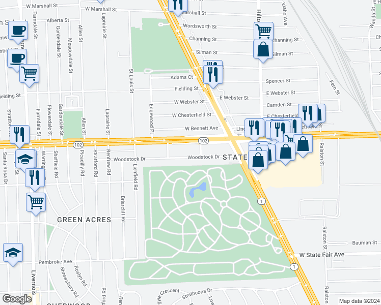 map of restaurants, bars, coffee shops, grocery stores, and more near 2548 Woodstock Drive in Highland Park
