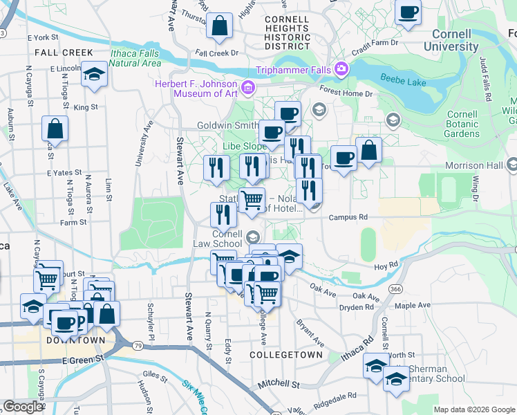 map of restaurants, bars, coffee shops, grocery stores, and more near 110 Ho Plaza in Ithaca