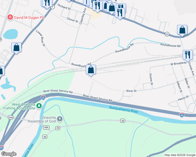 map of restaurants, bars, coffee shops, grocery stores, and more near 268-270 River Street in Oneonta