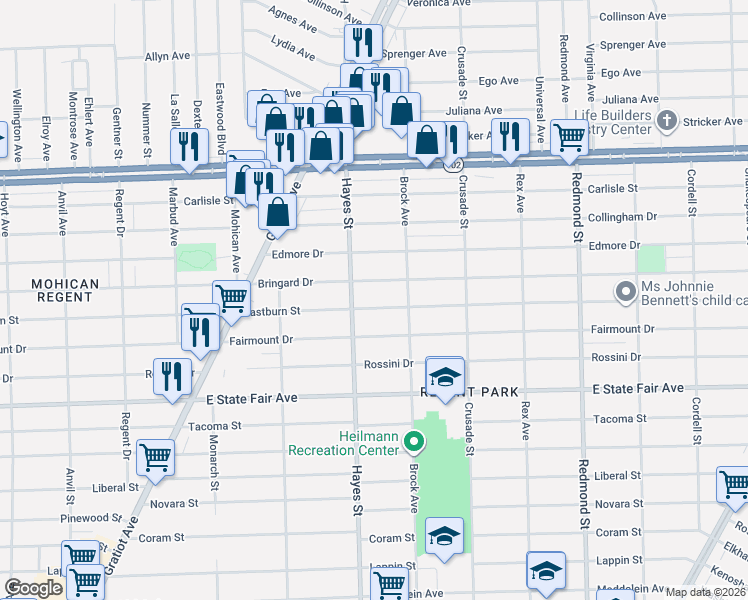 map of restaurants, bars, coffee shops, grocery stores, and more near 15231 Eastburn Street in Detroit