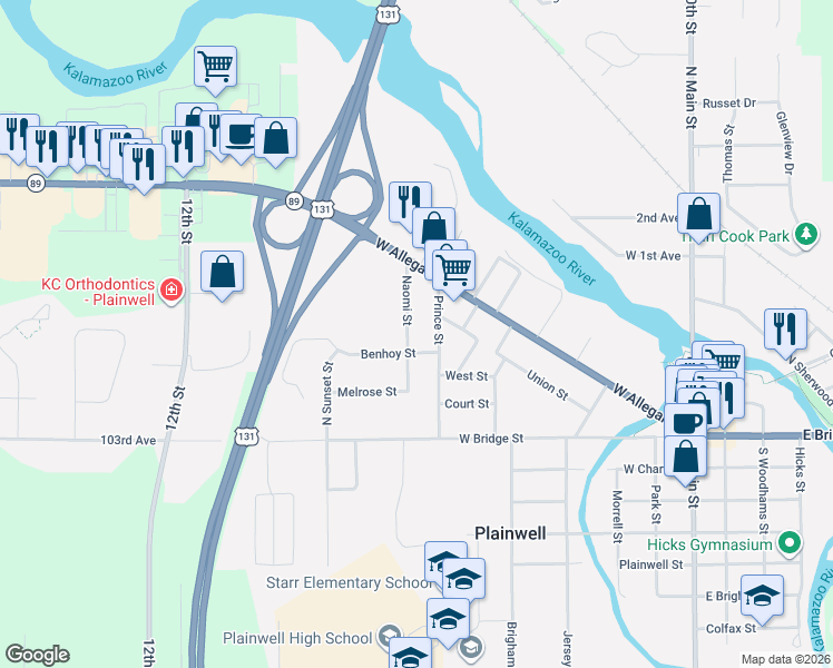 map of restaurants, bars, coffee shops, grocery stores, and more near 333 Naomi Street in Plainwell