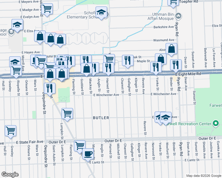 map of restaurants, bars, coffee shops, grocery stores, and more near 20436 Harned Street in Detroit