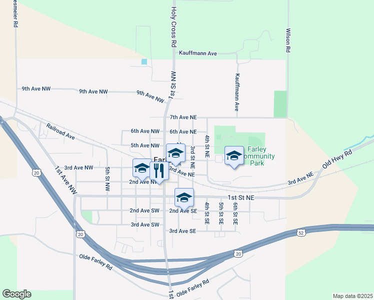 map of restaurants, bars, coffee shops, grocery stores, and more near 407 3rd Street Northeast in Farley