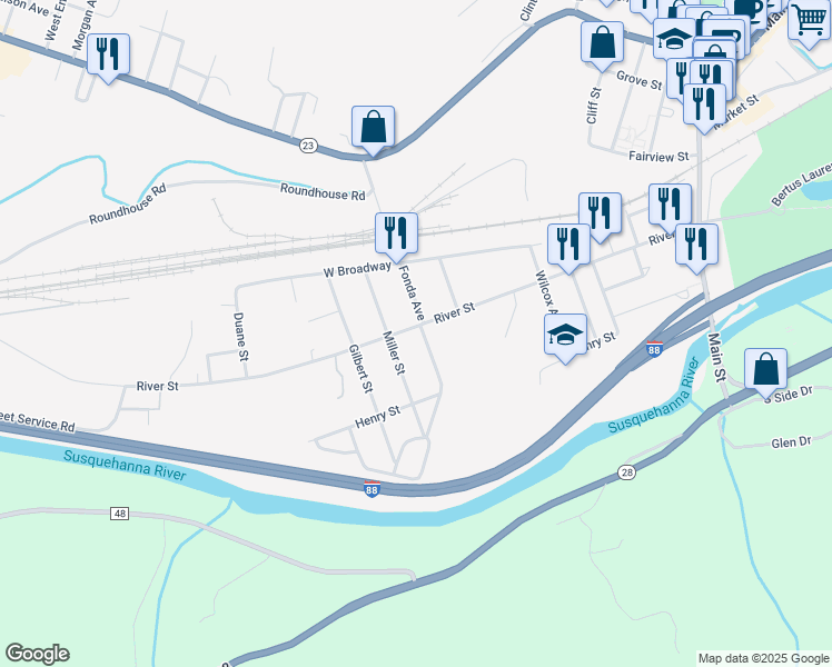 map of restaurants, bars, coffee shops, grocery stores, and more near 123 River Street in Oneonta