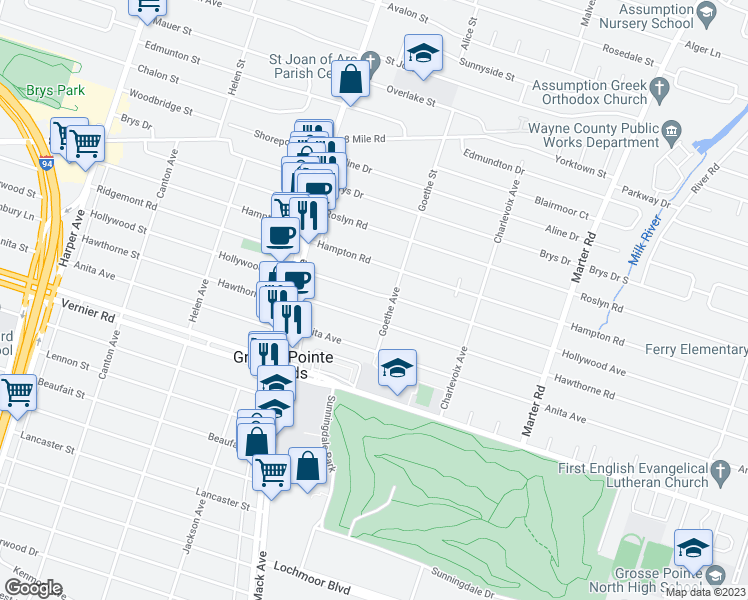 map of restaurants, bars, coffee shops, grocery stores, and more near 1713 Hollywood Avenue in Grosse Pointe Woods