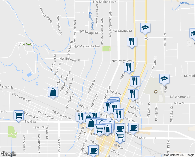 map of restaurants, bars, coffee shops, grocery stores, and more near 721 Northwest 2nd Street in Grants Pass