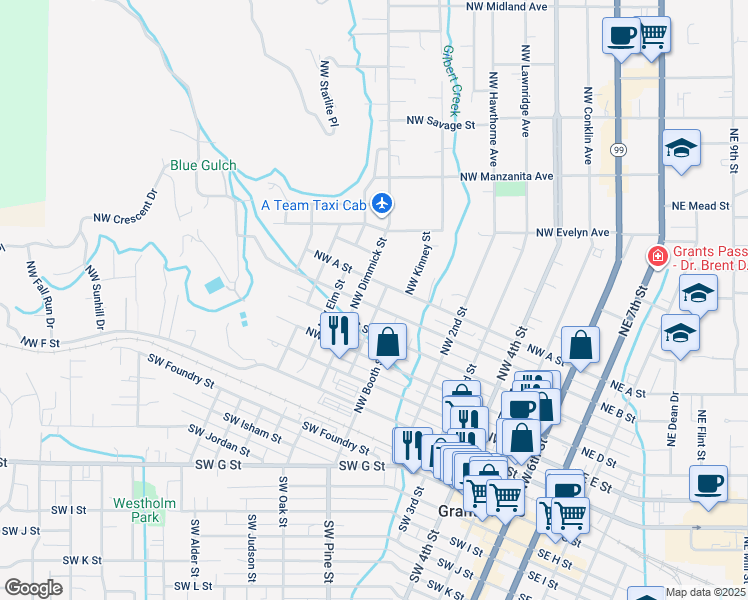 map of restaurants, bars, coffee shops, grocery stores, and more near 602 Northwest Clarke Street in Grants Pass