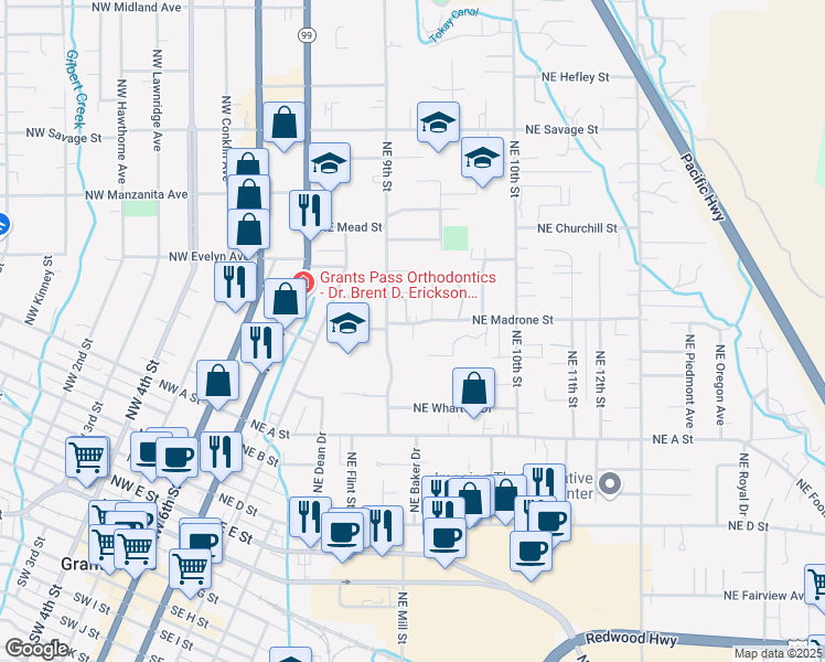 map of restaurants, bars, coffee shops, grocery stores, and more near 727 Northeast Madrone Street in Grants Pass