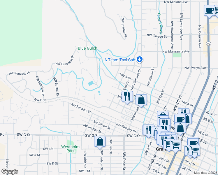 map of restaurants, bars, coffee shops, grocery stores, and more near 1210 Northwest D Street in Grants Pass