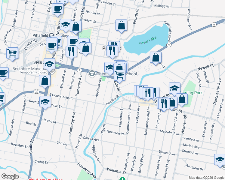 map of restaurants, bars, coffee shops, grocery stores, and more near 37 Gordon Street in Pittsfield
