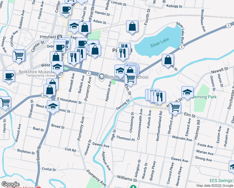 map of restaurants, bars, coffee shops, grocery stores, and more near 40 Copley Terrace in Pittsfield