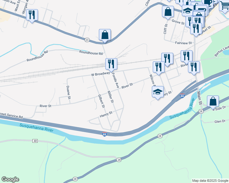 map of restaurants, bars, coffee shops, grocery stores, and more near 123 River Street in Oneonta