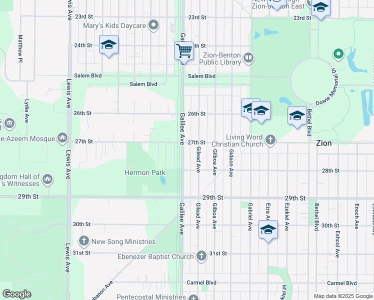 map of restaurants, bars, coffee shops, grocery stores, and more near 2753 Galilee Avenue in Zion