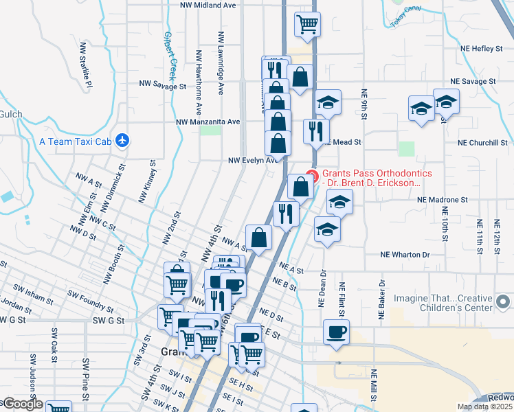 map of restaurants, bars, coffee shops, grocery stores, and more near 807 Northwest 5th Street in Grants Pass