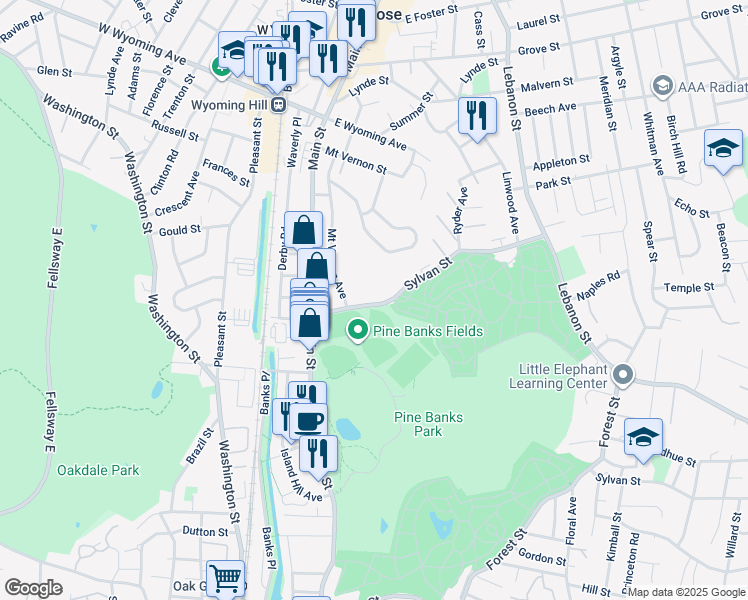 map of restaurants, bars, coffee shops, grocery stores, and more near 66 Sylvan Street in Melrose