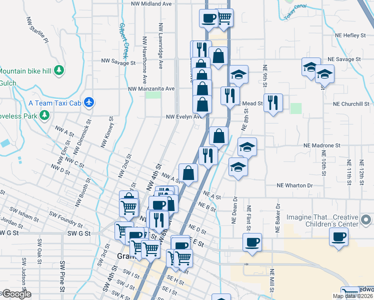 map of restaurants, bars, coffee shops, grocery stores, and more near 807 Northwest 5th Street in Grants Pass