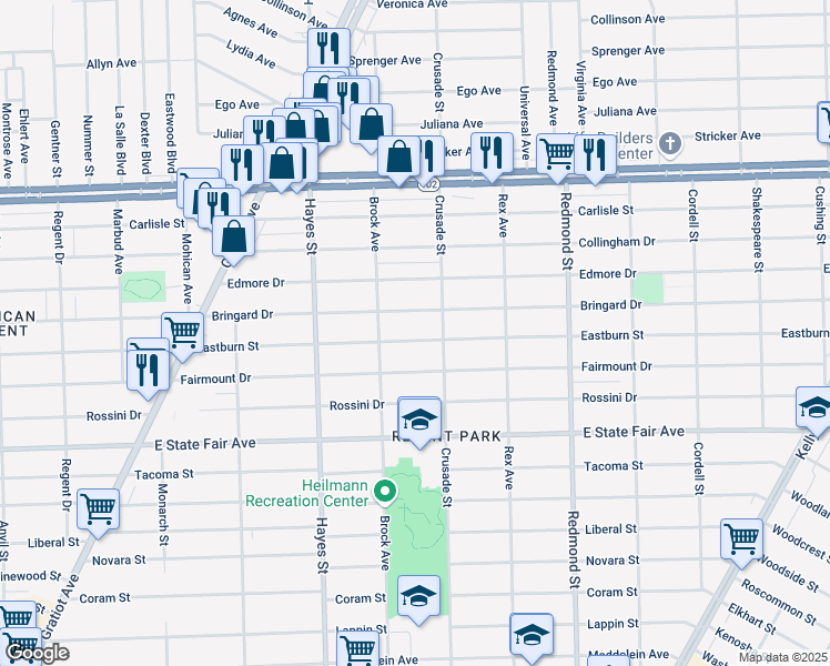 map of restaurants, bars, coffee shops, grocery stores, and more near 15467 Eastburn Street in Detroit