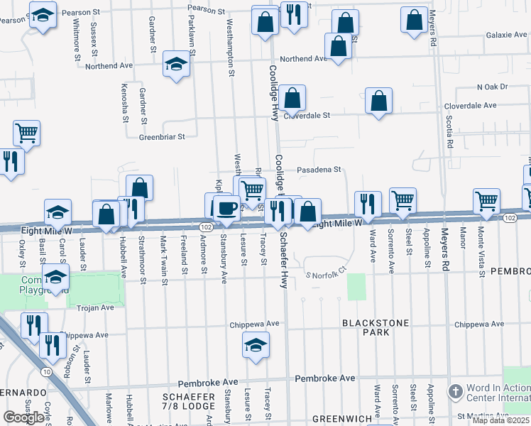 map of restaurants, bars, coffee shops, grocery stores, and more near 13700 Eight Mile Road in Oak Park