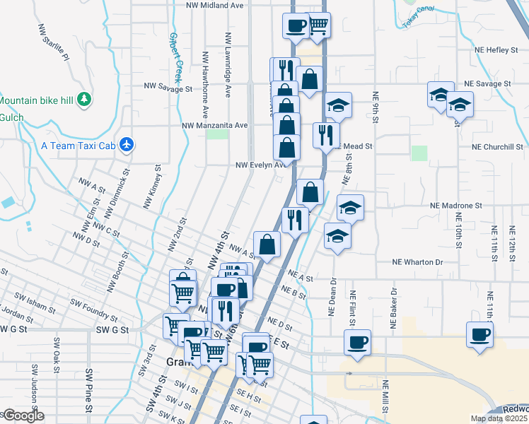 map of restaurants, bars, coffee shops, grocery stores, and more near 762 Northwest 6th Street in Grants Pass