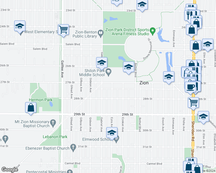 map of restaurants, bars, coffee shops, grocery stores, and more near 1911 27th Street in Zion