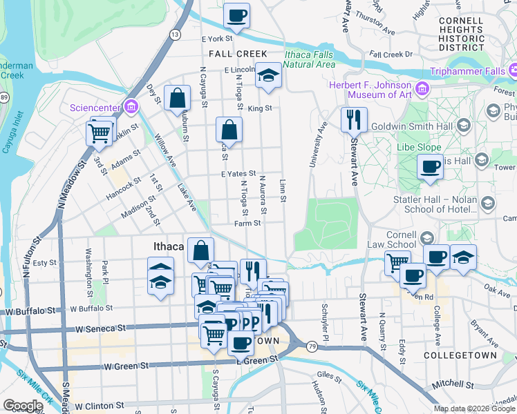 map of restaurants, bars, coffee shops, grocery stores, and more near 518 North Aurora Street in Ithaca