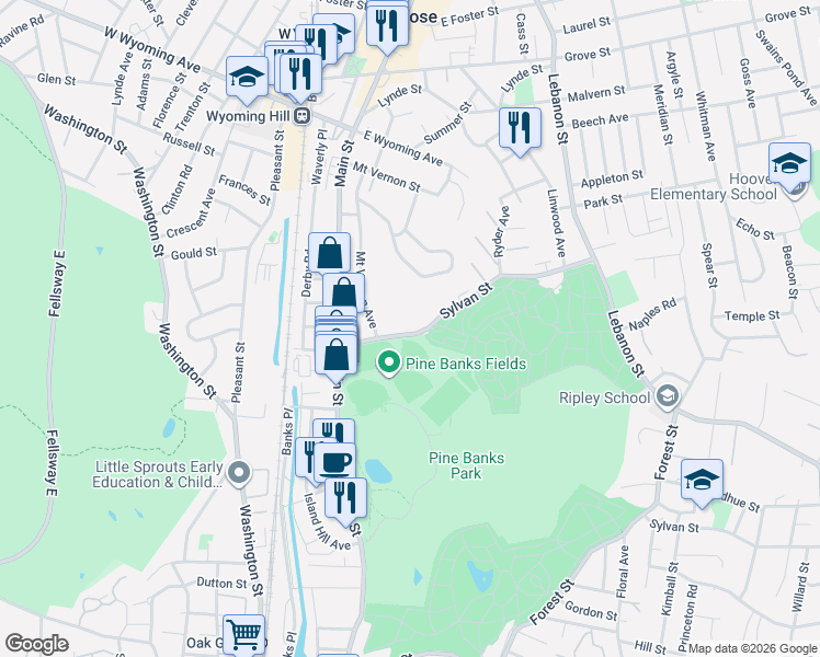 map of restaurants, bars, coffee shops, grocery stores, and more near 68 Sylvan Street in Melrose