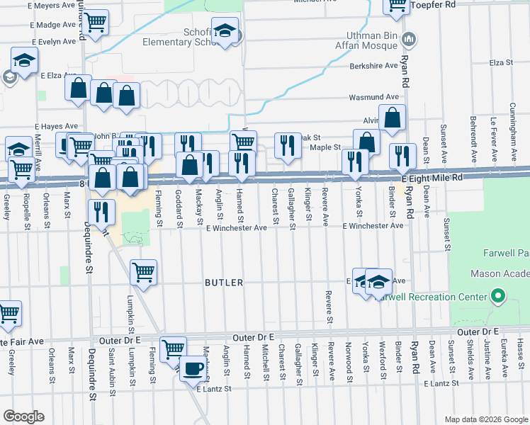map of restaurants, bars, coffee shops, grocery stores, and more near 20425 Mitchell Street in Detroit