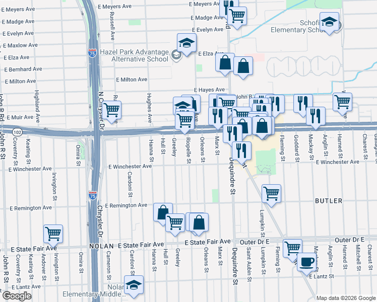 map of restaurants, bars, coffee shops, grocery stores, and more near 20434 Riopelle Street in Highland Park