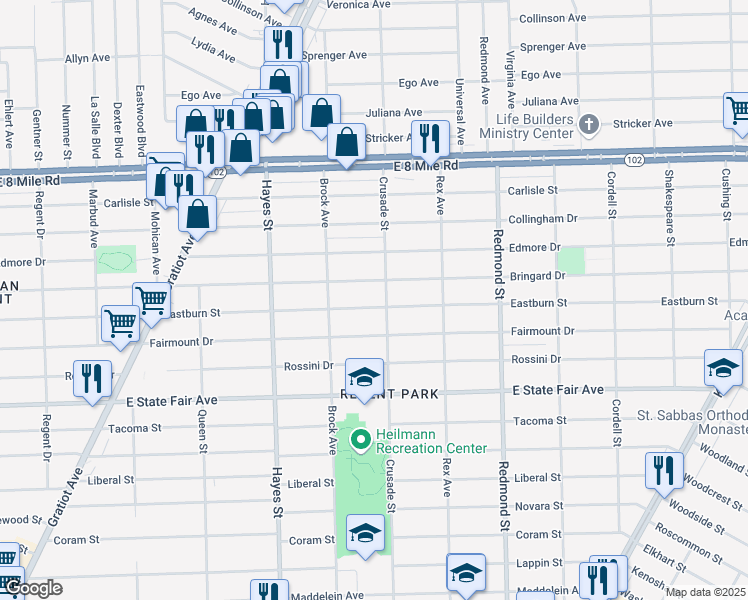 map of restaurants, bars, coffee shops, grocery stores, and more near 15497 Eastburn Street in Detroit