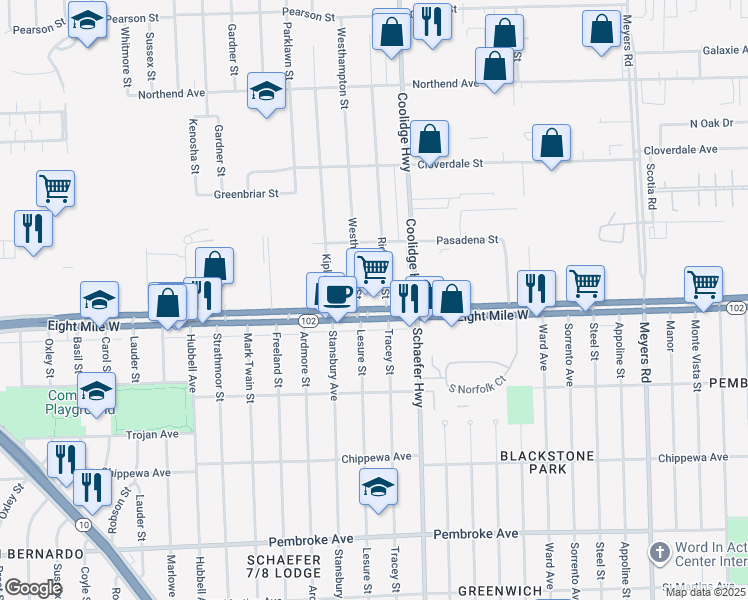 map of restaurants, bars, coffee shops, grocery stores, and more near 13700 Eight Mile Road in Oak Park