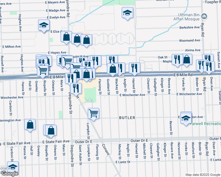 map of restaurants, bars, coffee shops, grocery stores, and more near 20446 Goddard Street in Detroit