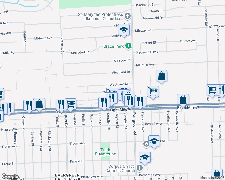 map of restaurants, bars, coffee shops, grocery stores, and more near 20313 Westhampton Avenue in Southfield