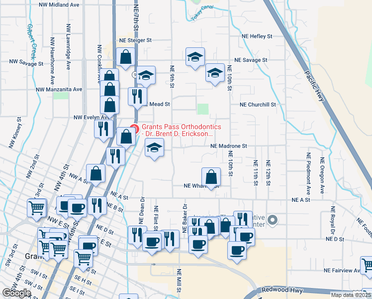 map of restaurants, bars, coffee shops, grocery stores, and more near 727 Northeast Madrone Street in Grants Pass