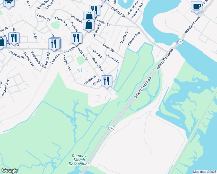 map of restaurants, bars, coffee shops, grocery stores, and more near 84 Bristow Street in Saugus