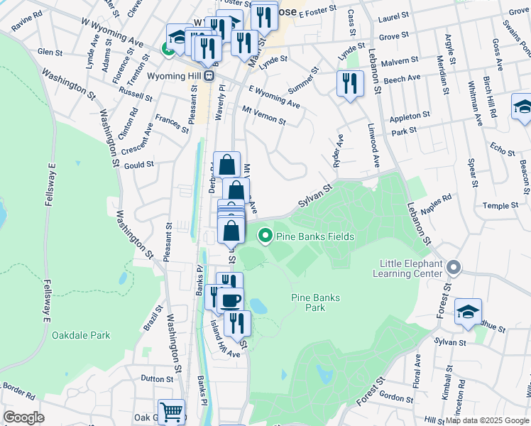 map of restaurants, bars, coffee shops, grocery stores, and more near 66 Sylvan Street in Melrose