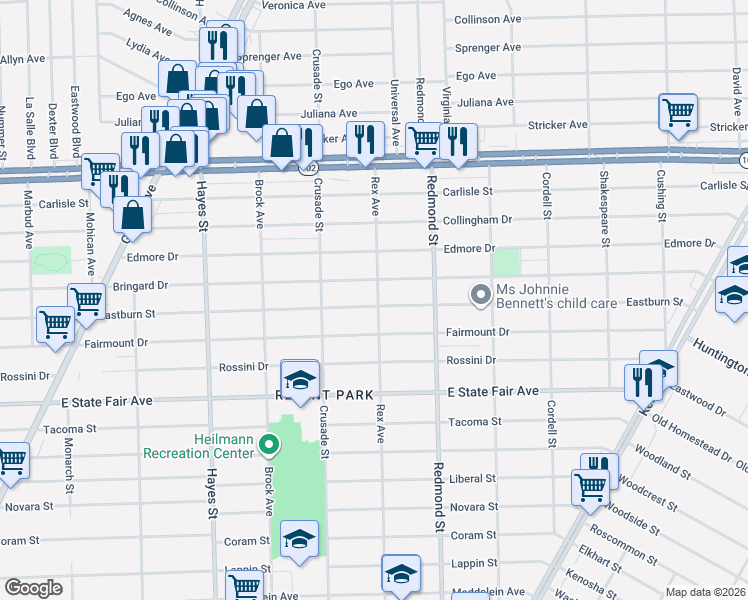 map of restaurants, bars, coffee shops, grocery stores, and more near 15694 Eastburn Street in Detroit