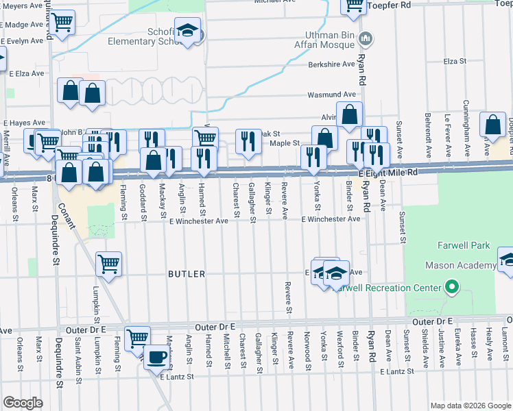 map of restaurants, bars, coffee shops, grocery stores, and more near 20419 Klinger Street in Detroit