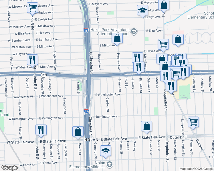 map of restaurants, bars, coffee shops, grocery stores, and more near 20445 Cardoni Street in Highland Park