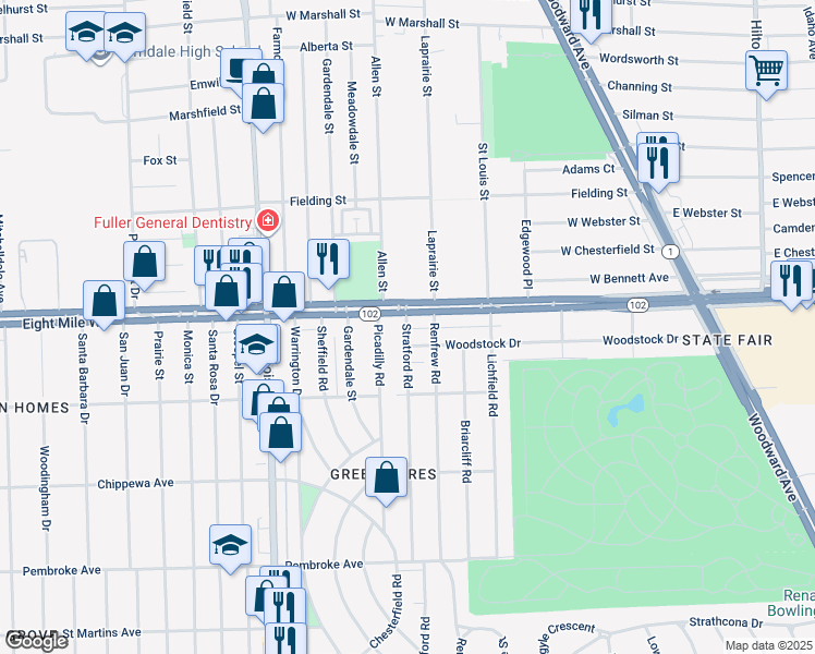map of restaurants, bars, coffee shops, grocery stores, and more near 3330 Woodstock Drive in Detroit