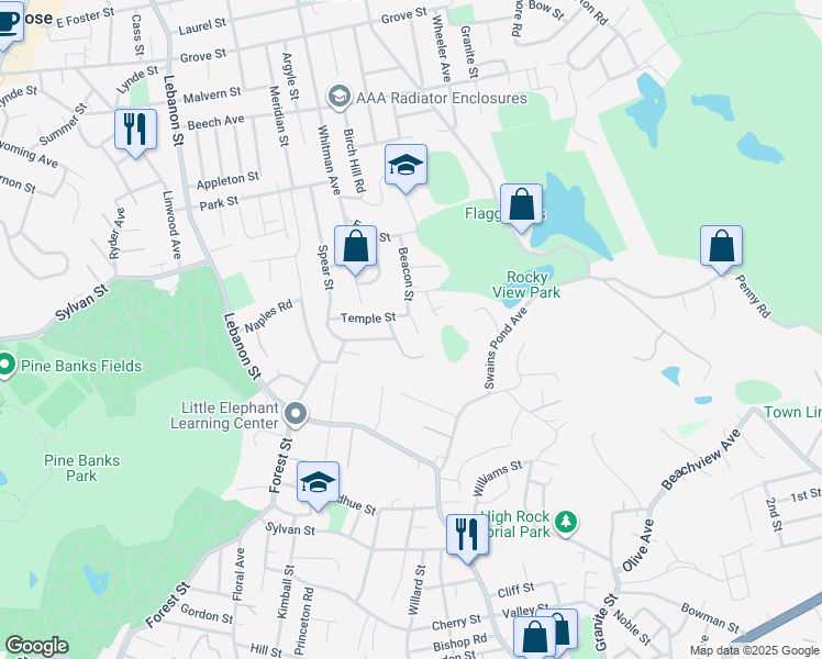 map of restaurants, bars, coffee shops, grocery stores, and more near 26 Beacon Street in Melrose