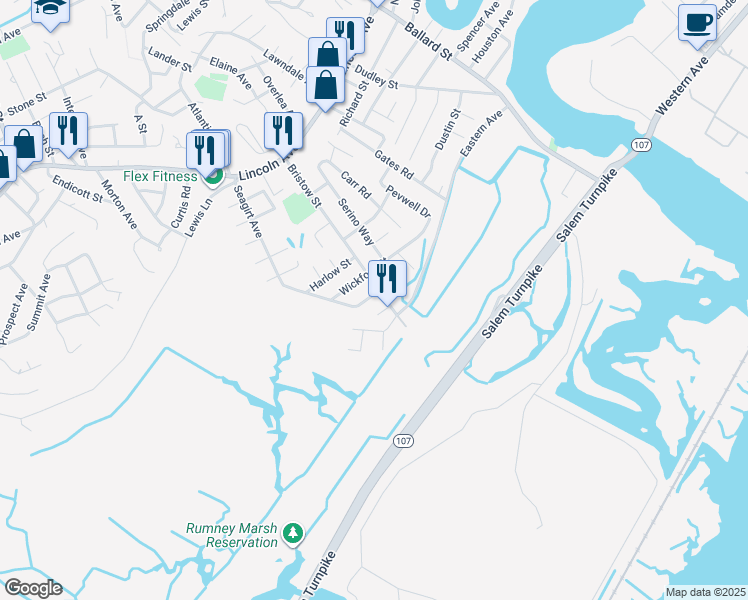 map of restaurants, bars, coffee shops, grocery stores, and more near 3a Anjo Lane in Saugus